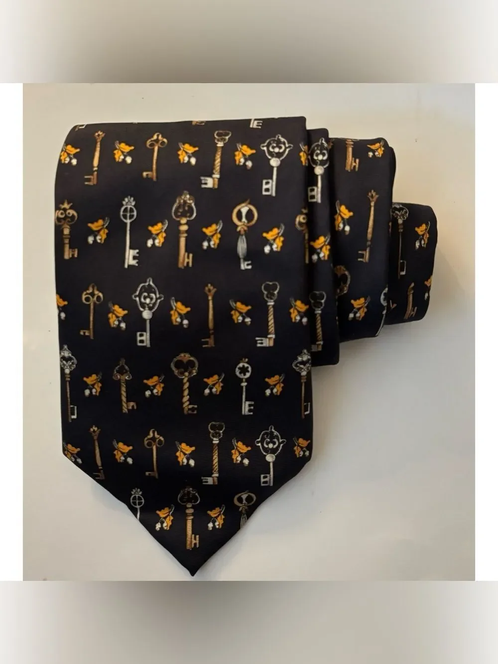 Vintage Longchamp Black Silk Tie with Gold and Silver Key Motif